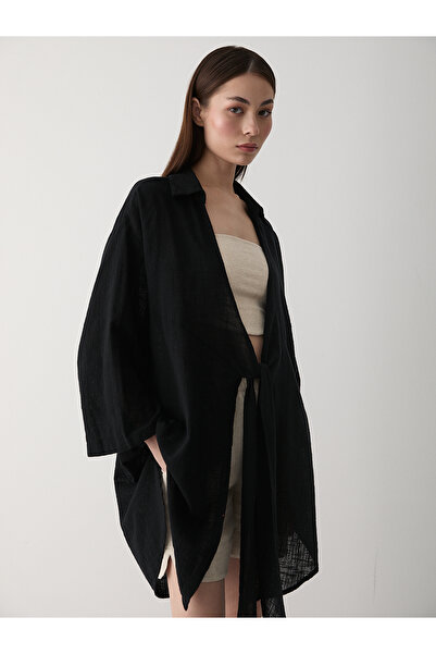 Laluvia Schwarzes Flam-Leinen-Kimono-Hemd