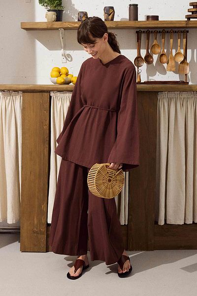 Hooopstore Cotton Blend Blouse Pants Copper Set