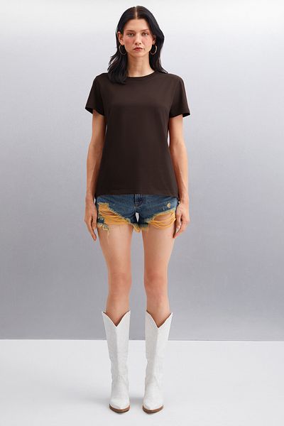 GRIMELANGE Samantha Women's 100% Organic Cotton Comfort Fit Back Long Basic Knitted Dark Brown T-Shirt