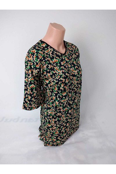 YAŞAR TRİKO Women's Black Green Orange U-Neck Short Sleeve Patterned Slit Woven Viscose Mother Combed Cotton T-Shirt