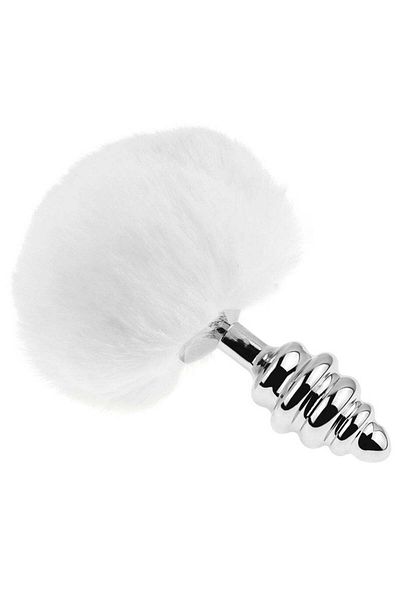 WildFashion Dop anal (Butt Plug) din metal inoxidabil cu striatii si coada de iepuras pufoasa, alb TOY416-2