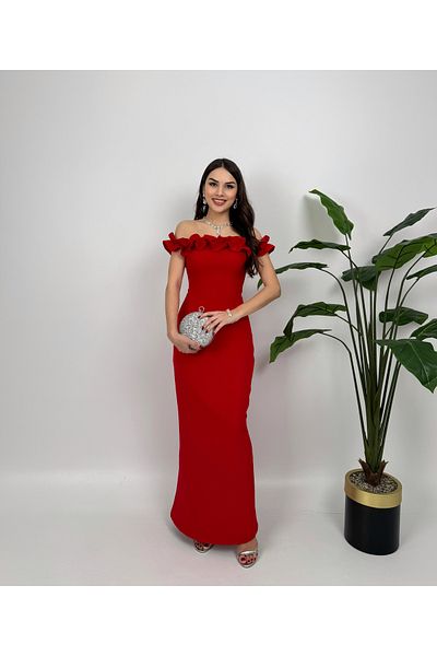 GİZONLY Rochie de seară lungă cu decolteu barcă cu volane roșii
