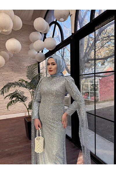 Atlas Pelerinli Işıltılı Tesettür Abiye