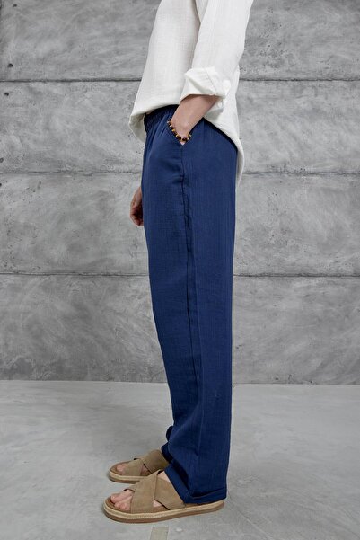 NOMARC Παντελόνι μπλέ Navy Nmrc Muslin φαρδύ