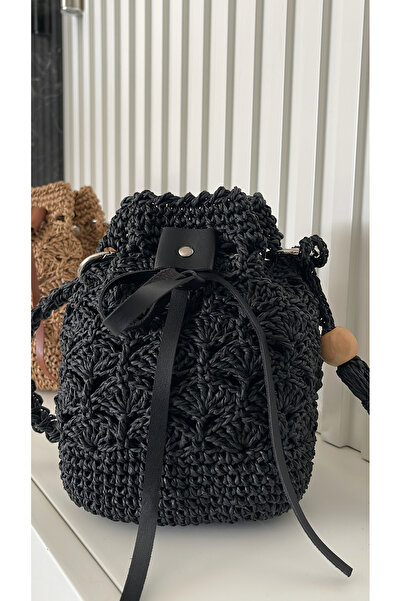 WOMANBAG HASIR EL YAPIMI MİDİ TORBA OMUZ ÇANTASI SİYAH