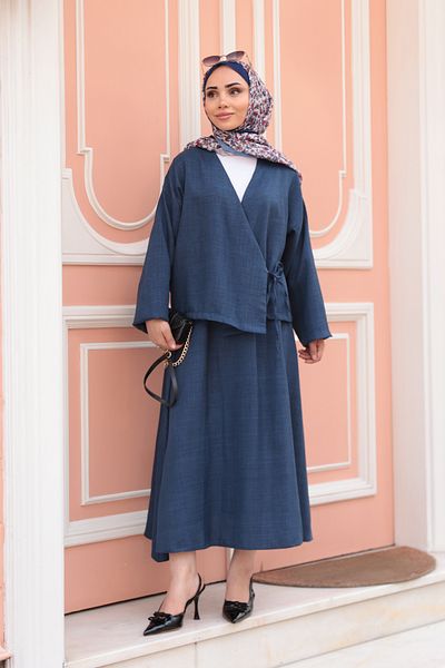 LOCCO Women's Side Tie Skirt Suit Navy Blue