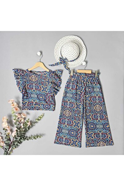 BLR KİDS Girl's Summer Ethnic Patterned Hat Bottom Top Suit