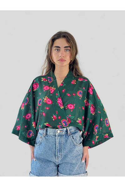 Retrobird Design șifon mini kimono femei verde închis