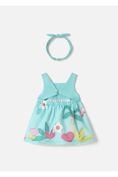 MAYORAL Baby Girl Printed Dress with Headband Turquoise 1873