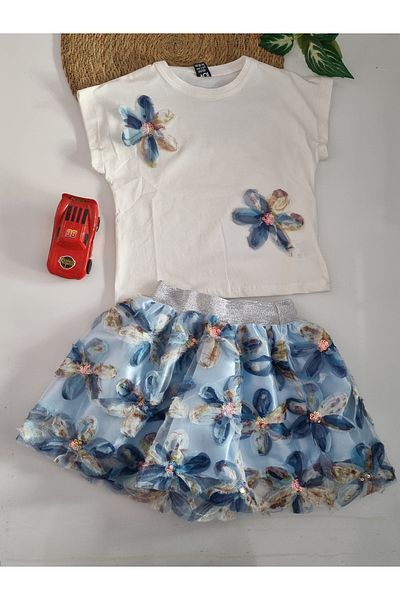Uğur bebe Girls' Skirt Suit Floral Print T-Shirt Floral Print Lined Blue Skirt