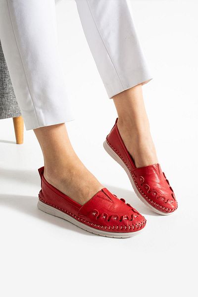 diclepolat Women's Genuine Leather Orthopedic Ballerina Casual Shoes Helly Red