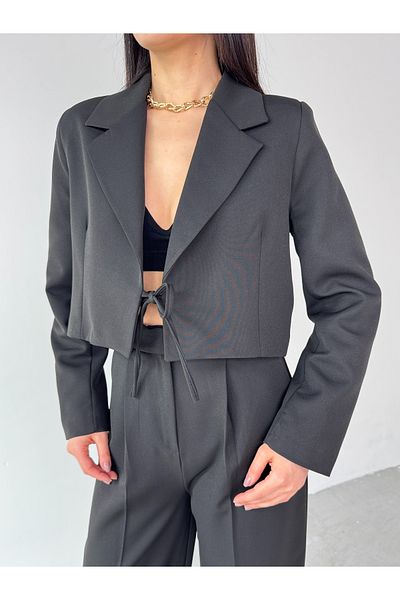 Cappmoda Ckt-12441 Black Padded Front Tie Crop Jacket