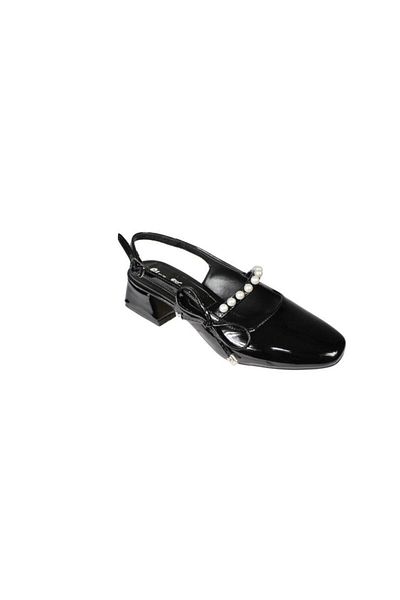 Yaz Kış Ayakkabı Yazkiş Women's Black and White Patent Leather Pearl Bow Front Kut Toe 4cm Thick Heel Shoes
