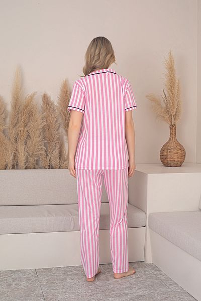 BSM Women's Pink White Striped Piping Buttoned Bamboo Short Sleeve Comfortable Pajama Set