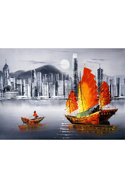 media Tablou canvas Port, corabie rosie, pictura, alb-negru, 90 x 60 cm