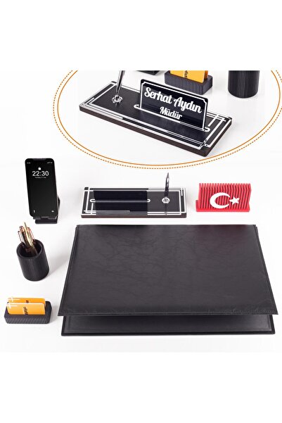 Ofistike Redora Türk Bayraklı Biblolu Gümüş Renk Deri Ofis Sümen Seti İsme Öz...