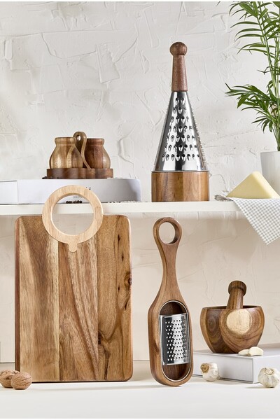 Lora Bianca 5 Piece Acacia Wood Set - Upright Grater, Havan, Garlic Grater, Cutting Board, and Salt Shaker Pepper Shaker