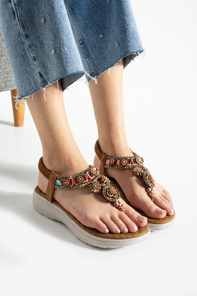 TexFoot Women's Ethnic Stone Detailed Orthopedic Sole Comfortable Summer Sandals