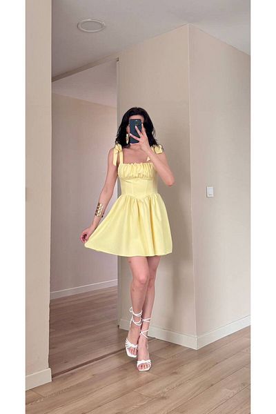 LOCH BUTİK Women's Yellow Back Elastic Tie Shoulder Bow Mini Dress