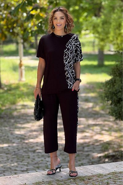 Nevin Kaya Moda Set Capri din bumbac cu model labirint negru