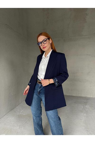 Cappmoda Ckt-12435 Navy Blue Leopard Lined Padded Double Breasted Collar Blazer Jacket