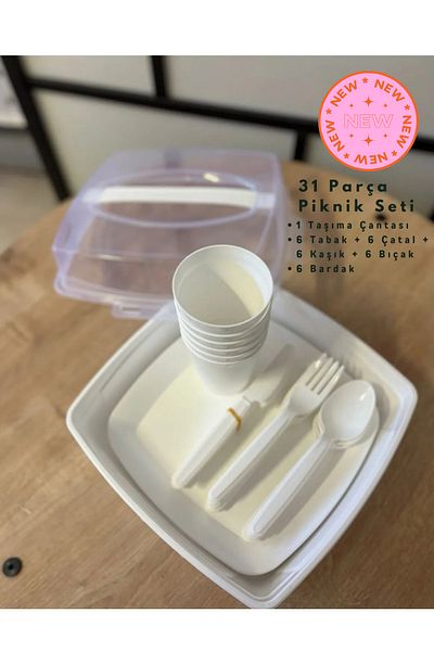 WWSHOP Mars Plastic 32 Piece Picnic Set -- Spoon-Fork-Cup-Plate -- Cream