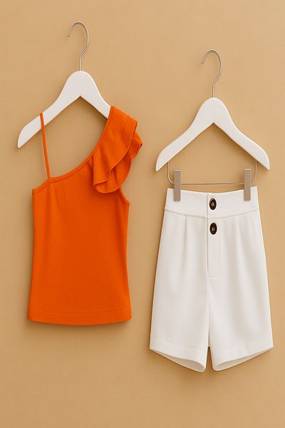 DeKuBaby One Shoulder and Ruffle Detailed Simple Elegans Asymmetrical Summer Children's Set