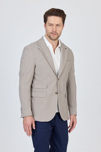 Frappoli Lores Men's Stone-Stone Unlined Soft Herringbone Patterned Stretch Fabric Lycra Sports Blazer Jacket