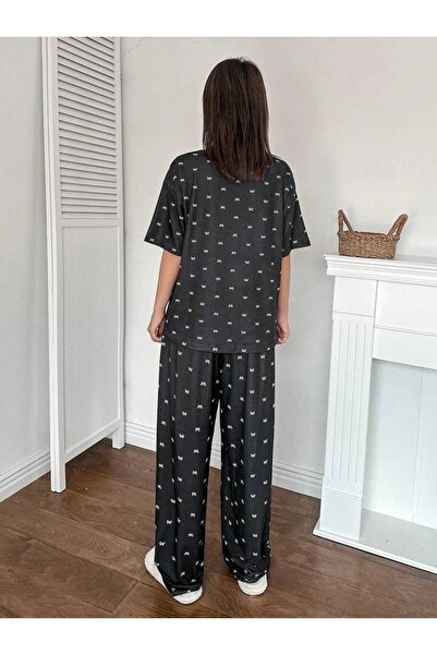 CSR HOMEWEAR Dámská souprava pyžama s krátkým rukávem, kouřová barva, mini bílá s mašlí