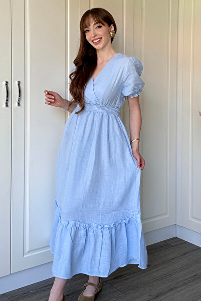 Dilay Gökoğlu Butik Müslin Kumaş Kısa Kol Midi Mavi Elbise