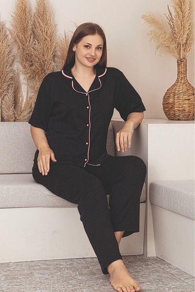 Farya Home Plus Size Cotton Piping Button Short Sleeve Shirt Pajama Set