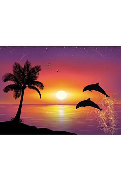 media Tablou canvas Delfini, palmier, apus de soare, 75 x 50 cm