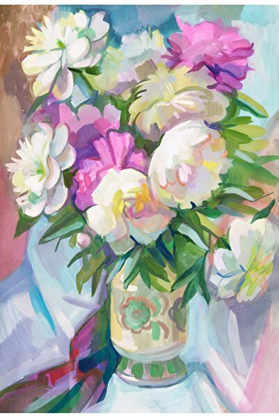 media Tablou canvas Flori bujori albi si roz, pictura, buchet, 50 x 75 cm