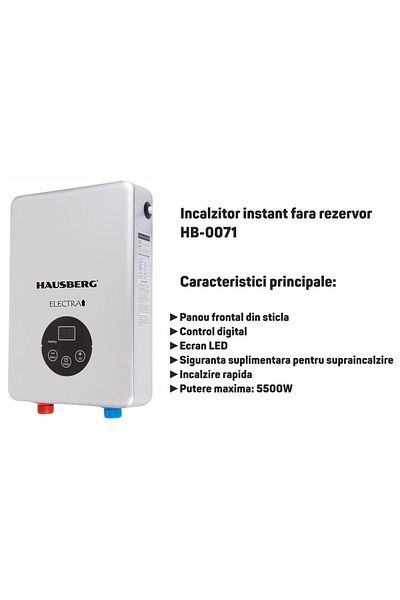 Hausberg Incalzitor Instant Fara Rezervor Hb-0071, 5500w 220v, Panoul Frontal Din Sticla, Digital, Alb