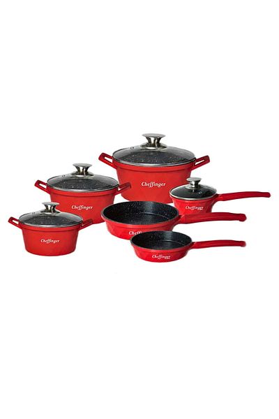 cheffinger Diamond 6 Piece Pan Set Marble Coating Red