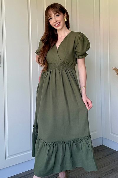 Dilay Gökoğlu Butik Μουσελίνα υφασμάτινο κοντομάνικο μίντι χακί φόρεμα