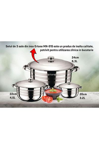 ertone Set of 3 Stainless Steel Pots Mn-515 With 3 Glass Lids, 20cm/3.2l, 22cm/4.5l, 24cm/6.3l, Stainless Steel