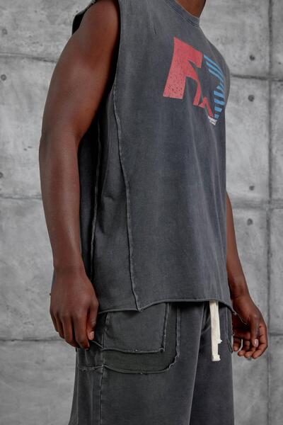 NOMARC Ανδρικό μπλουζάκι με στάμπα F, καπνιστό και πλυμένο, oversize