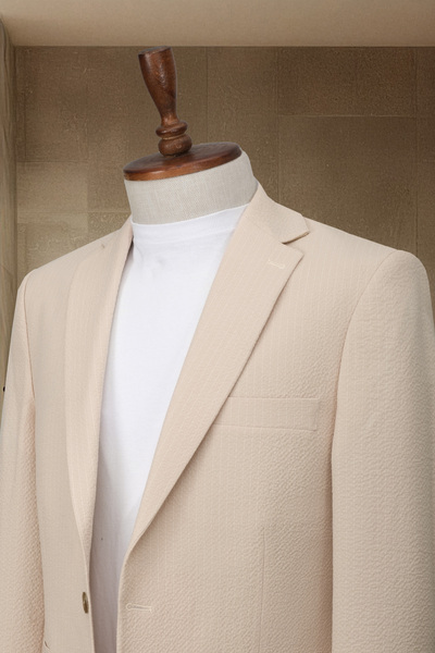 Sergio Ferraro Bej Beli Lastikli Yazlık Günlük ve Şık Takım Elbise Ceket Pantolon Takım, Jogger Takım