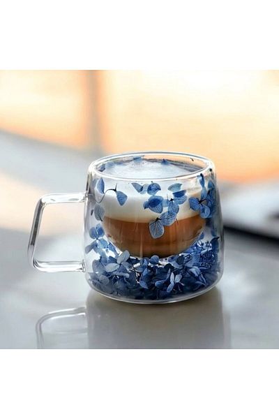 ECARLA Cană cu hortensii albastre, perete dublu, sticlă borosilicată, 180 ml, SZK154