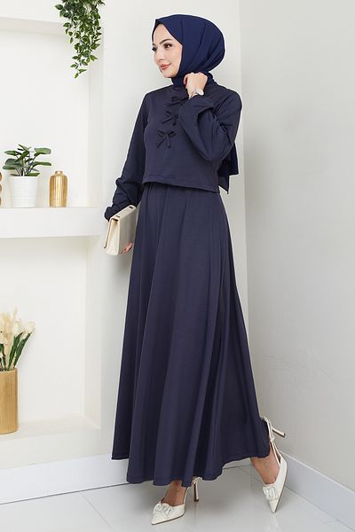 InStyle Dark Navy Blue Suit with Modal Ribbon Detail Skirt