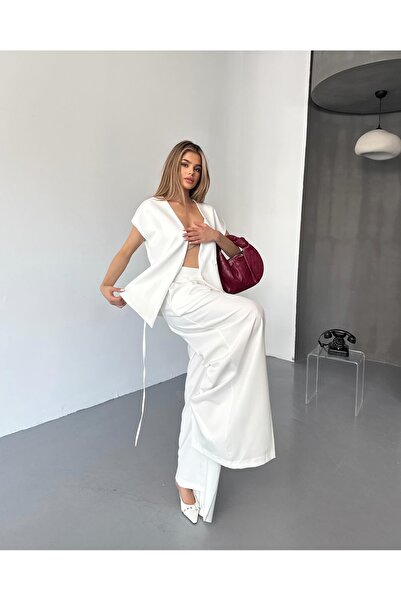 HARMONY GLOBAL White Vest and High Waist Pants Set with Tie-Up Detail – Lined, Modern and Stylish Two-Piece Set 150