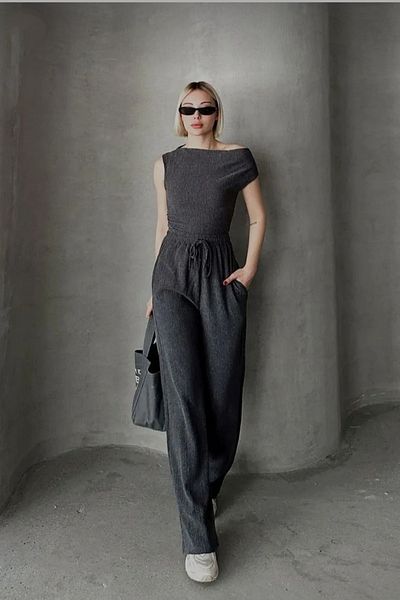 Safgiyim44 Short Sleeve Blouse Elastic Waist Wide Leg Pants Eldar Women's Anthracite Corded Suit