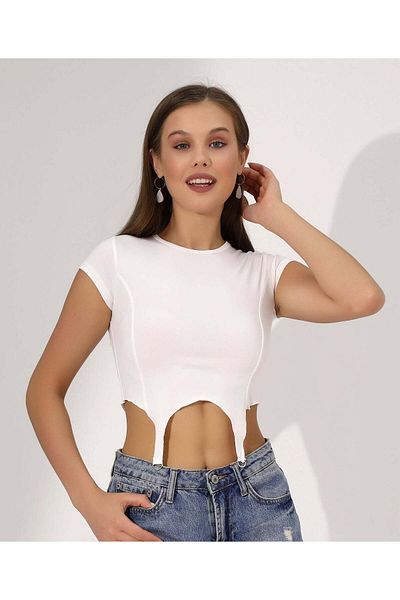 Stayele White Cutout Crop Top with Raw Hem