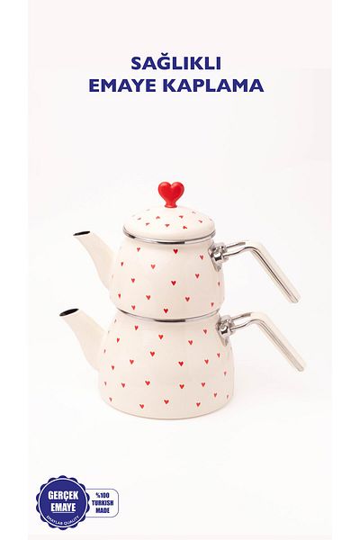 EMAYlab Cupid Heart Patterned Enamel Teapot Set (Special Zamak Top)