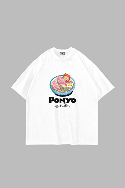 Bak Moda تيشيرت أبيض كبير الحجم مطبوع عليه بونيو للجنسين