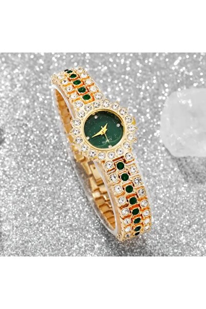 QUARTZ Yeşil ve Gümüş Taşlı Şık Zarif Kadın Saat