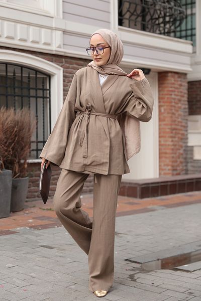 LOCCO Women's Double Breasted Collar Linen Suit Khaki Green