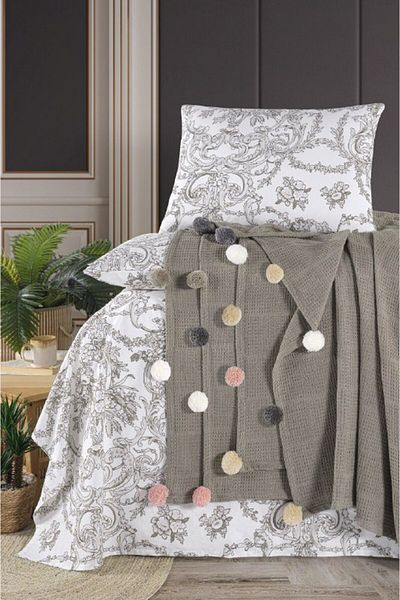 Sudemhome Double Pompom Cotton Boxed Dowry Pique Set Mink