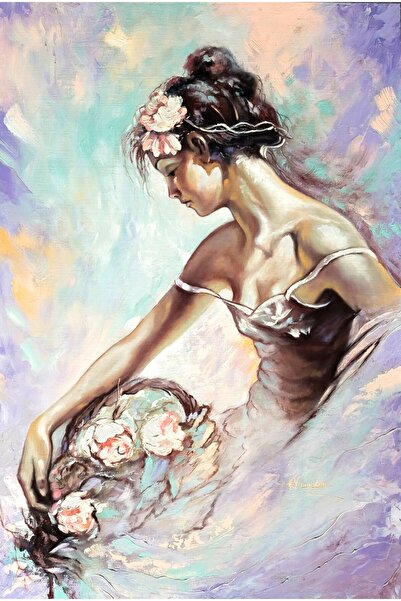 media Tablou canvas Fata cu flori, pictura, 60 x 90 cm